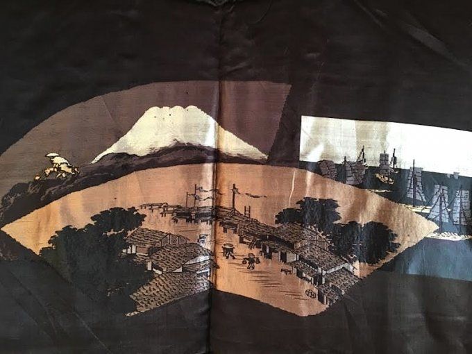 Antique haori japonais soie noire Takenaka Montsuki Tokaido Fuji San homme  