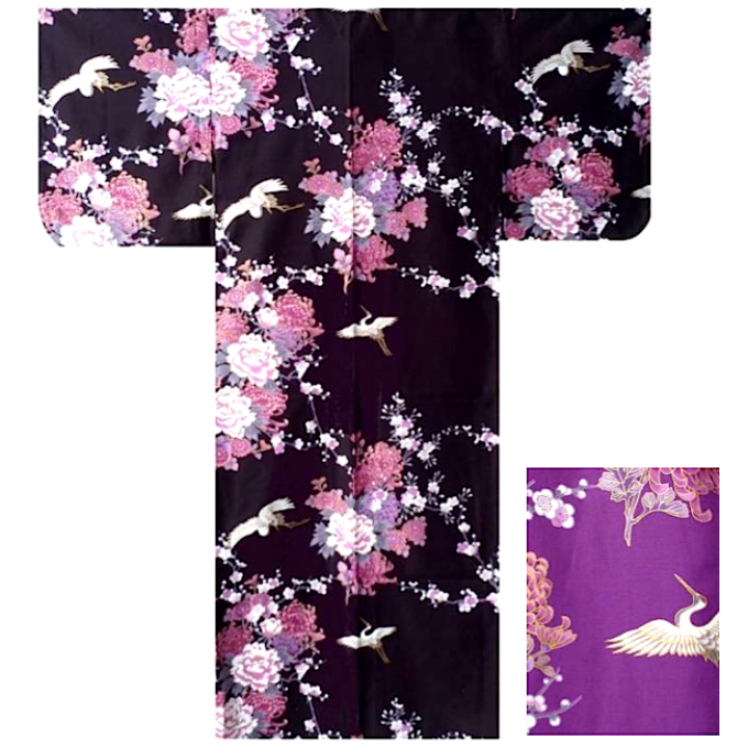 Kimono japonais Tsuru Botan coton satin femme "Made in Japan"  