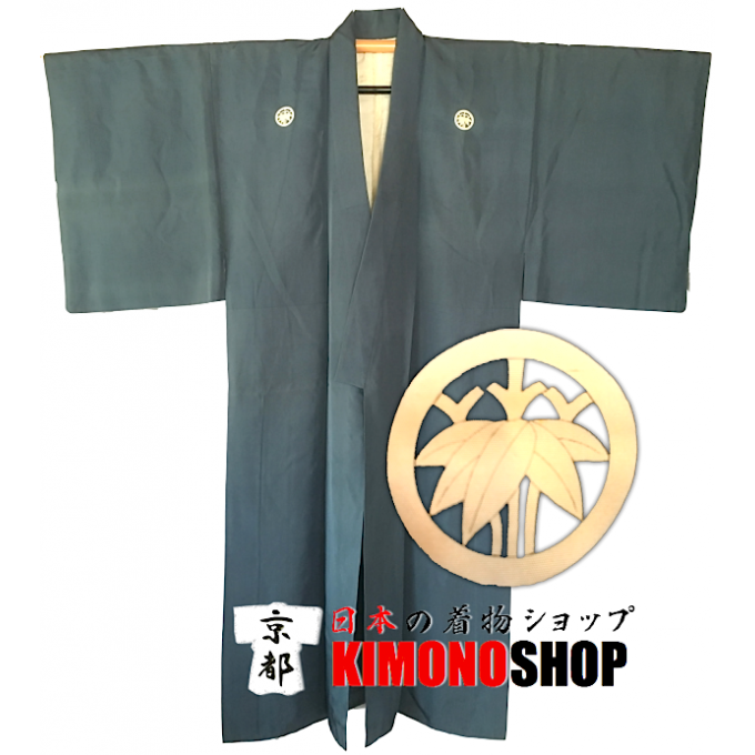 Ancien kimono samourai Maru Sasa Montsuki soie bleu homme