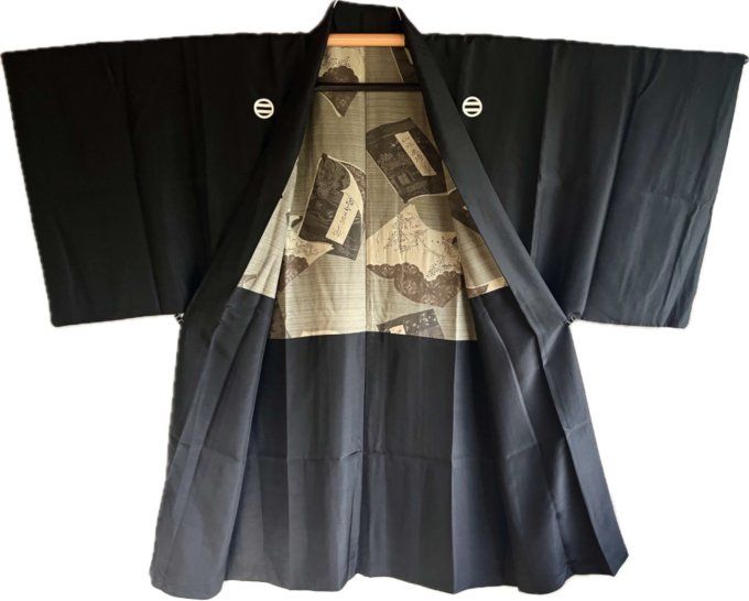 Haori Homme Antique en Soie Noire - Futatsu Hiki MonTsuki- SanSuiGaden 山水画傳