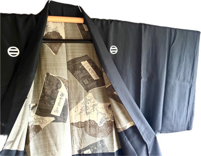 Haori Homme Antique en Soie Noire - Futatsu Hiki MonTsuki- SanSuiGaden 山水画傳