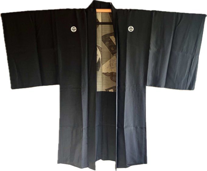 Haori Homme Antique en Soie Noire - Futatsu Hiki MonTsuki- SanSuiGaden 山水画傳