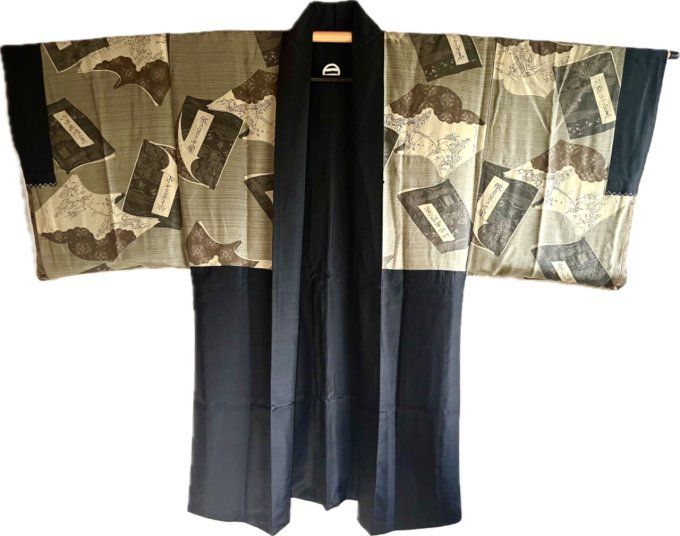 Haori Homme Antique en Soie Noire - Futatsu Hiki MonTsuki- SanSuiGaden 山水画傳