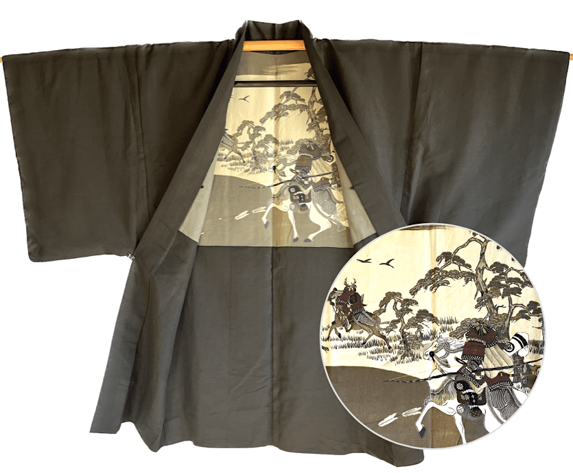 Antique Haori japonais samourai soie noire Mokkou Montsuki Yama no