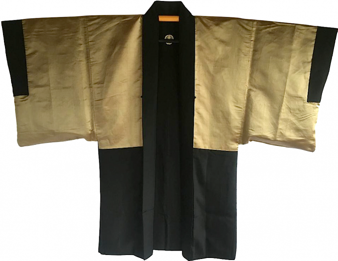 Luxe Antique haori samourai soie noire Mitsu Kashiwa montsuki Tokaido Fuji san Jinja 