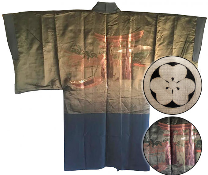 Rare antique kimono haori samourai soie noire kamon katabami Torii miyajima Japon