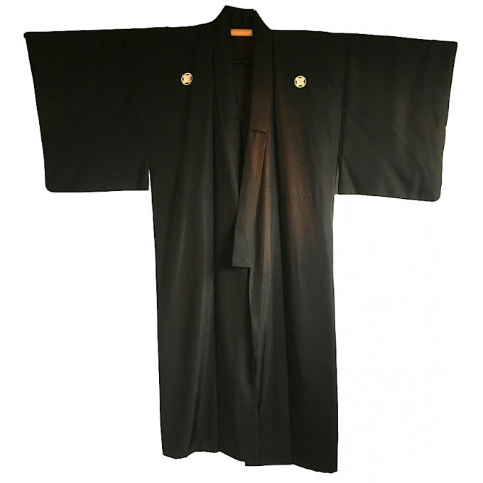Antique kimono japonais soie noire Maruni TakanoHane Montsuki homme pas cher