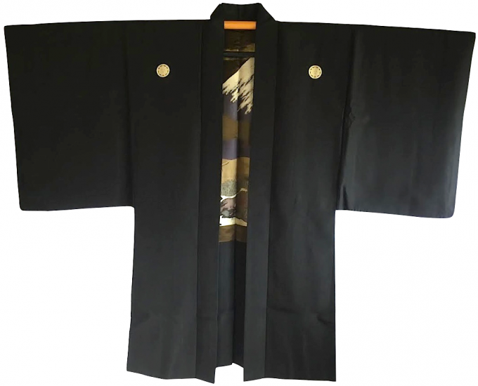 Antique Veste Kimono Haori Samourai Soie Noire KenKatabami Montsuki YABUSAME FUJI SAN Homme 
