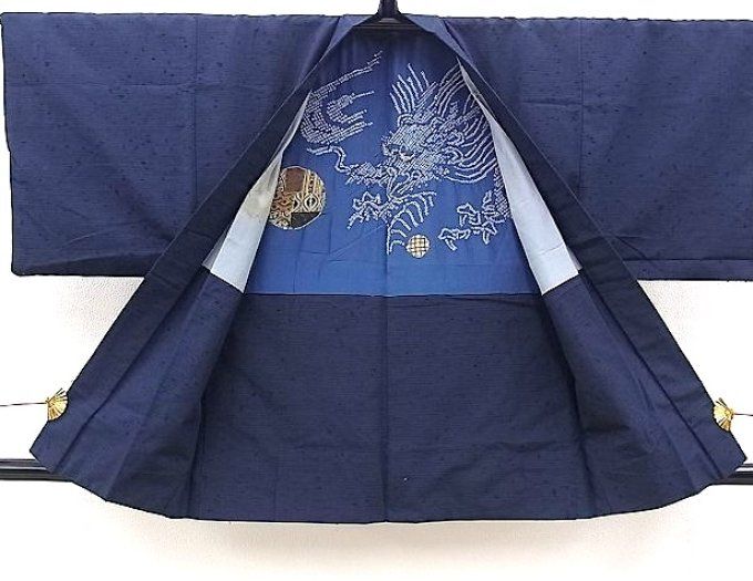 Ensemble Kimono & Haori Dragon Soie Tsumugi Bleu Homme