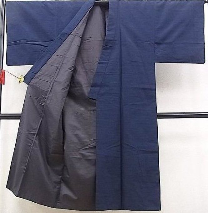 Kimono japonais traditionnel Soie Tsumugi Bleu Homme 002