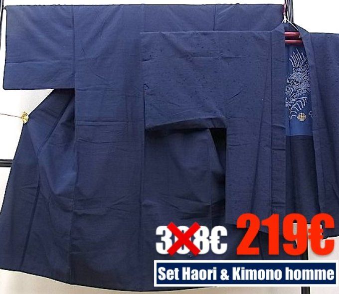 Ensemble Kimono & Haori Dragon Soie Tsumugi Bleu Homme