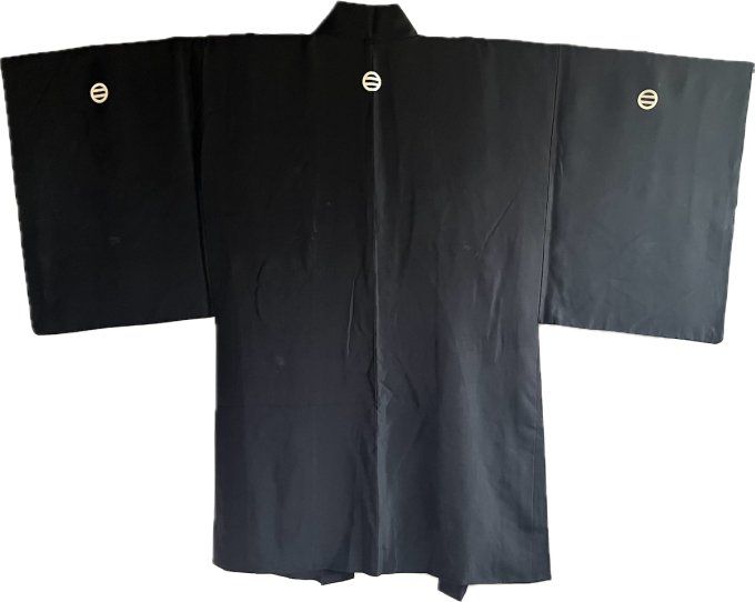 Haori Homme Antique en Soie Noire - Futatsu Hiki MonTsuki