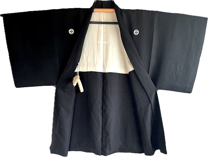 Haori Homme Antique en Soie Noire - Futatsu Hiki MonTsuki