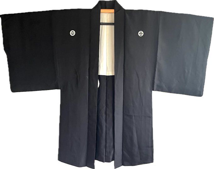 Haori Homme Antique en Soie Noire - Futatsu Hiki MonTsuki