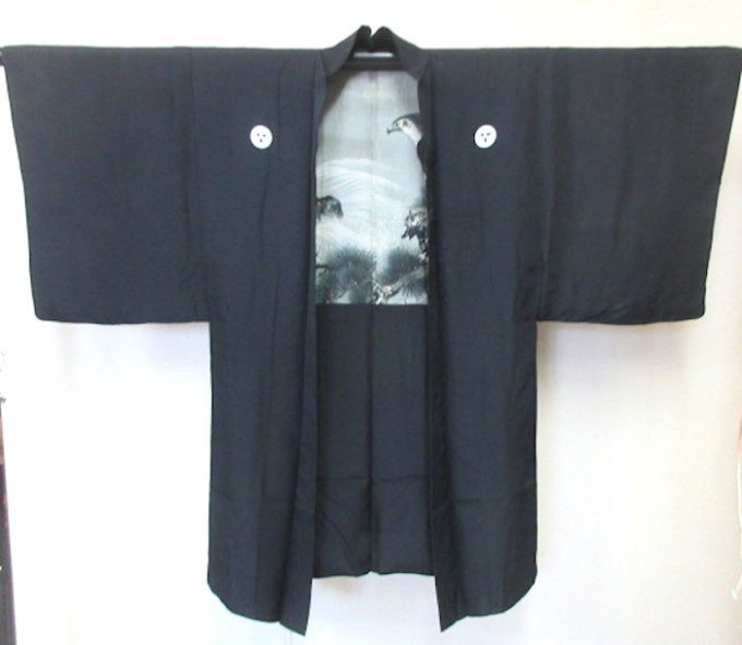 Set Antique haori & kimono japonais samourai soie noire Seiso Maru N Montsuki O Washi homme