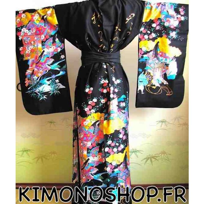 Kimono japonais O hanami Kinmoji Yuzen coton satin femme "Made in Japan"