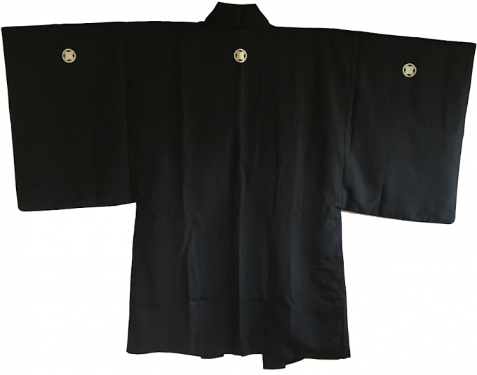 Luxe antique haori samourai soie noire Kamon Takanohane Clan Chushingura homme "Made in Japan" 