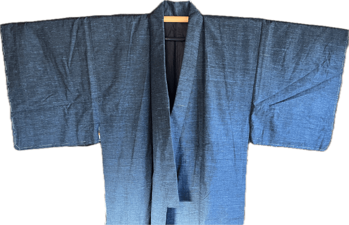 Kimono japonais traditionnel homme soie bleu Tsumugi Oshima Strie 05