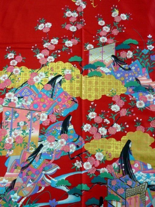 Kimono Happi 45 inch Yuzen Geisha Sakura rouge coton satin femme "Made in Kyoto Japan" 