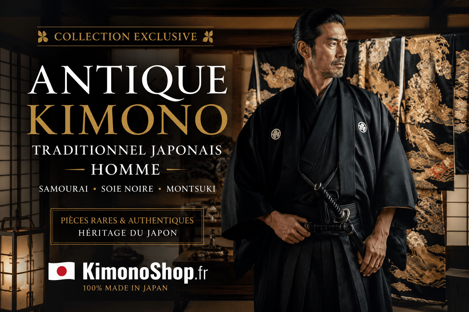Antique kimono traditionnel japonais soie noire Montsuki homme Antique kimono traditionnel japonais soie noire Montsuki homme