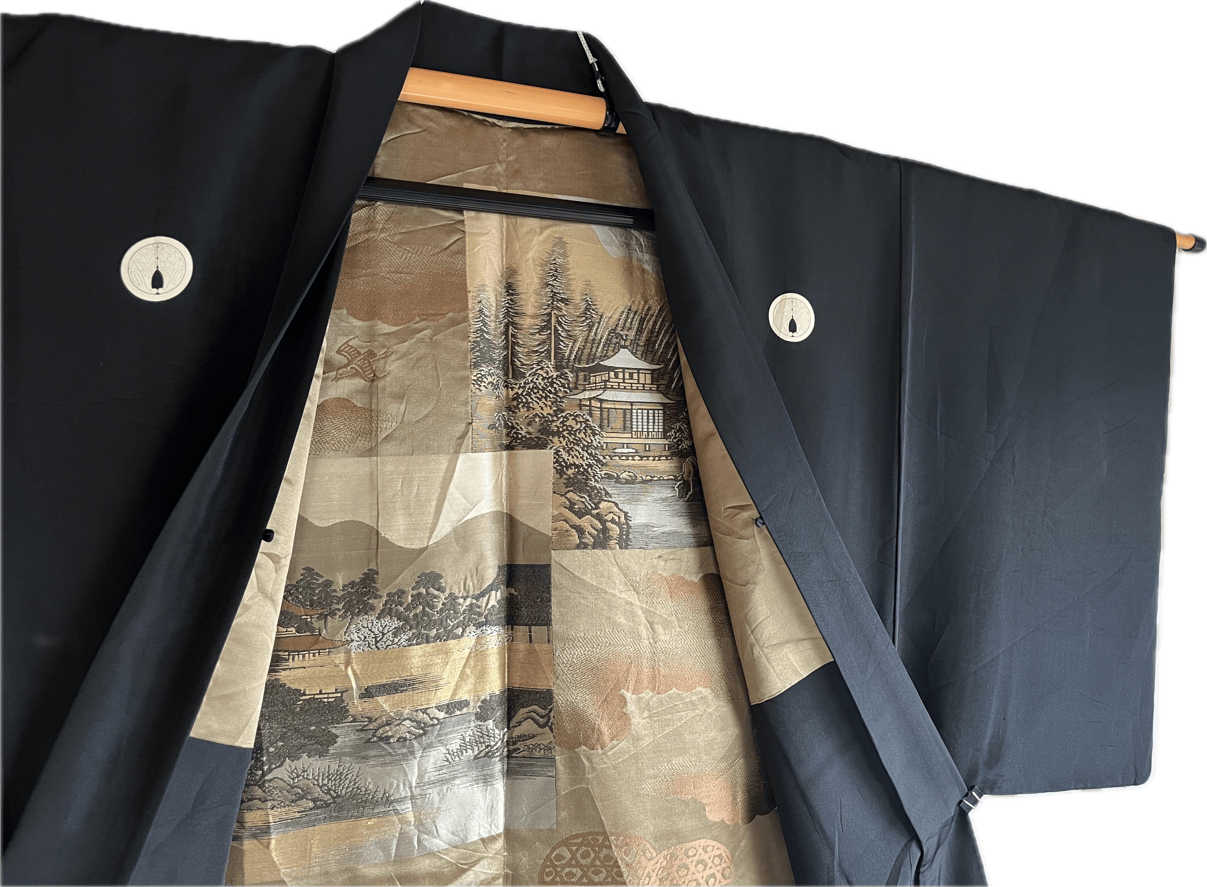 Haori japonais homme soie noire Montsuki Temple Ginkakuji & Kinkakuji Kyoto