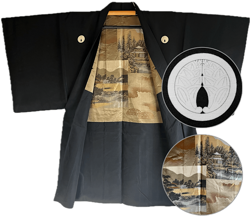 Haori japonais homme soie noire Montsuki Temple Ginkakuji & Kinkakuji